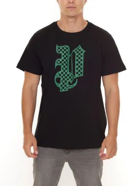 Camicia a maniche corte da uomo PASH Checkerboard Tee con ampia stampa frontale in cotone PATR006 Nera