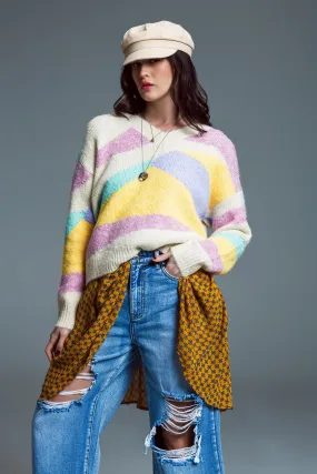 Maglione beige con scollo a V e strisce astratte in colori pastello