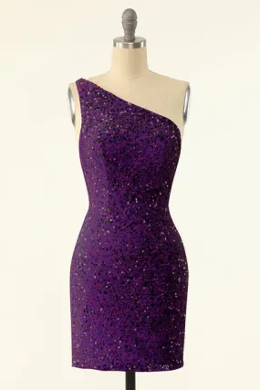 Purple One Shoulder Paillettes Homecoming Dress