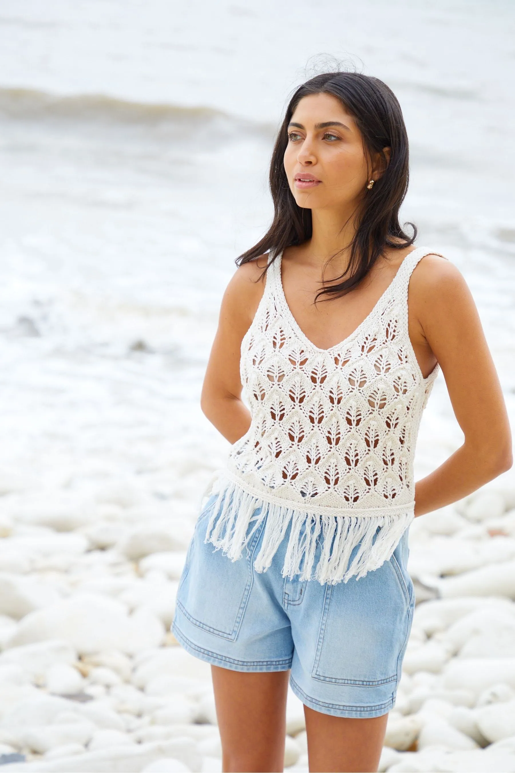 Threadbare Tassel Fringe Crochet Knit Vest Top    